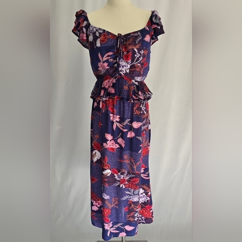 Sofia Vergara Purple Floral Midi Dress Ruffle Shoulder Sweetheart Neckline Sz. S